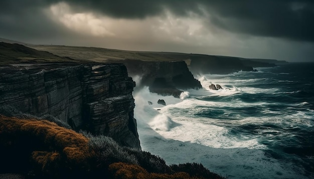 Costa majestosa, penhascos erodidos, horizontes azuis infinitos gerados por IA