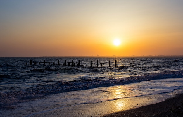 Costa del mar al atardecer. Ola del mar.