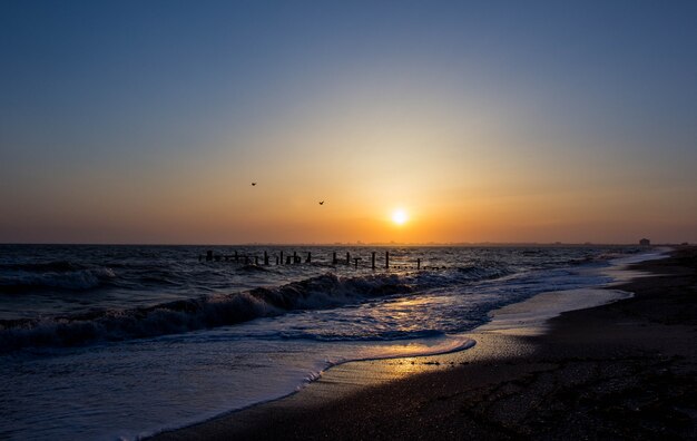 Costa del mar al atardecer. Olas del mar.