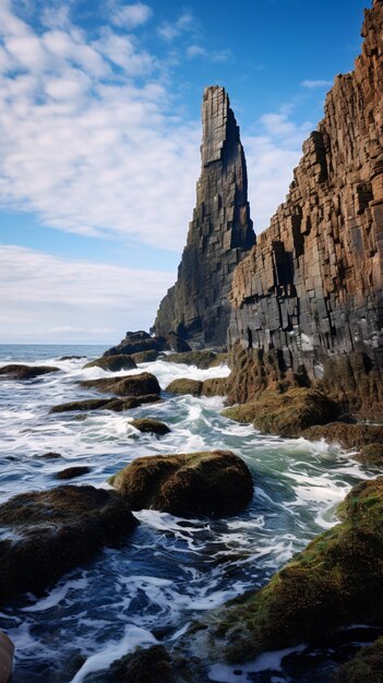 Foto costa del mar con mares agitados y rocas escarpadas en las olas