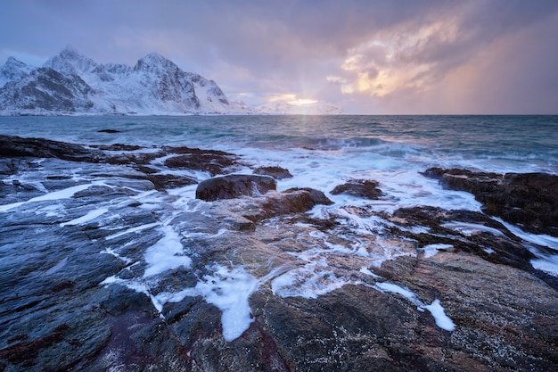 Costa del mar de Noruega en la costa rocosa en el fiordo al atardecer