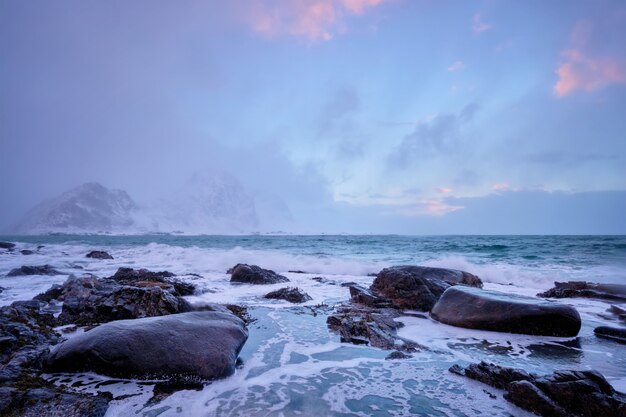 Costa del mar de Noruega en la costa rocosa en el fiordo al atardecer