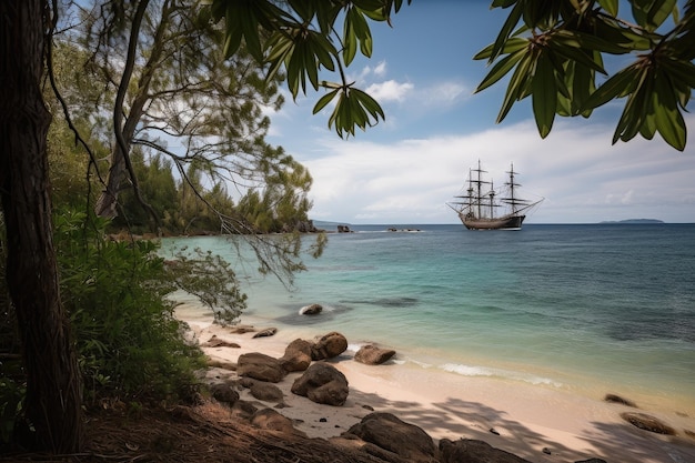 Costa prístina con barco pirata anclado en la distancia