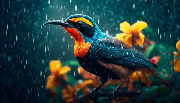 Costa Rica el pájaro más brillante en las flores bajo la lluvia