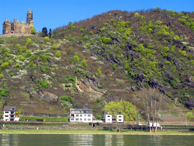 Costa del Rin, Alemania, río ancho y rápido, muchas casas hermosas, laderas de montañas, cielo azul,