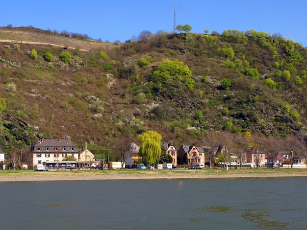 Costa del Rin, Alemania, río ancho y rápido, muchas casas hermosas, laderas de montañas, cielo azul,