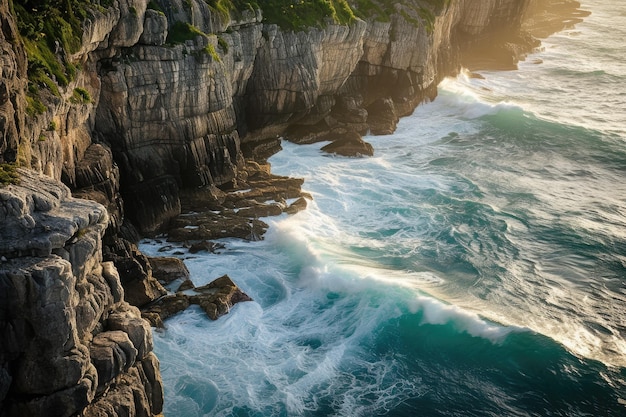 costa rochosa com ondas batendo contra as falésias