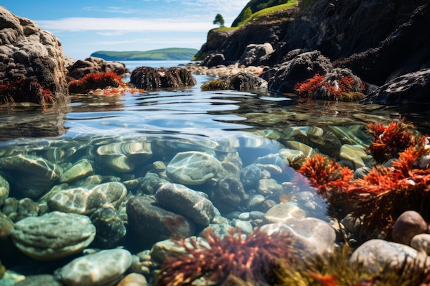 Costa rochosa com poças de maré e IA geradora de vida marinha