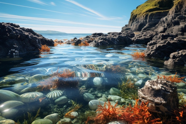 Costa rochosa com poças de maré e IA geradora de vida marinha
