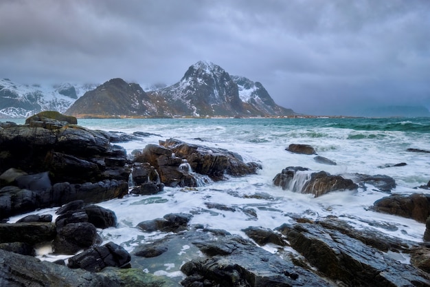 Costa rochosa do fiorde na Noruega