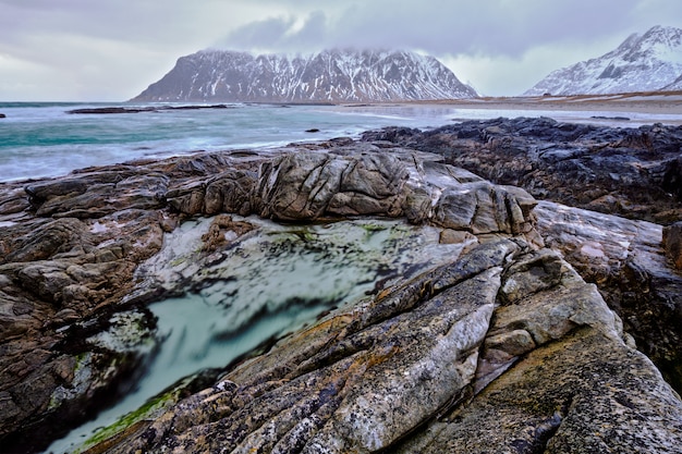 Costa rochosa do fiorde na Noruega