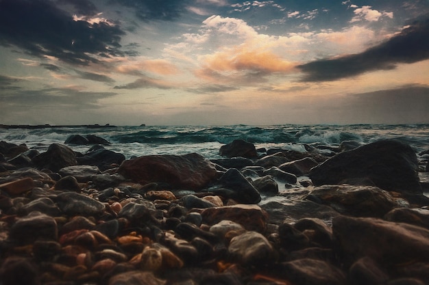 Costa rochosa do mar ao pôr do sol ilustração