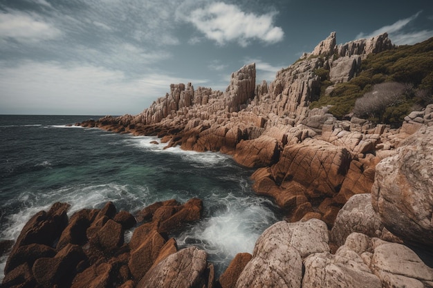 Una costa rocosa con un cielo nublado y el mar de fondo