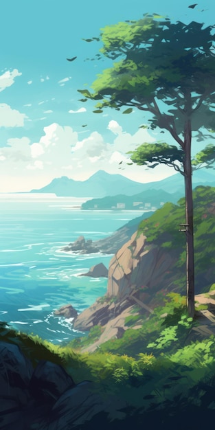 Costa de sicomoro estilo anime con fondo de montaña