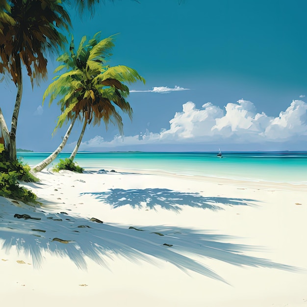 Costa Tropical con Arena Blanca Hermosa Playa Paraíso Palmeras Sol Mar Generativo AI Ilustración