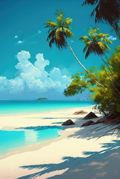 Costa Tropical con Arena Blanca Hermosa Playa Paraíso Palmeras Sol Mar Generativo AI Ilustración