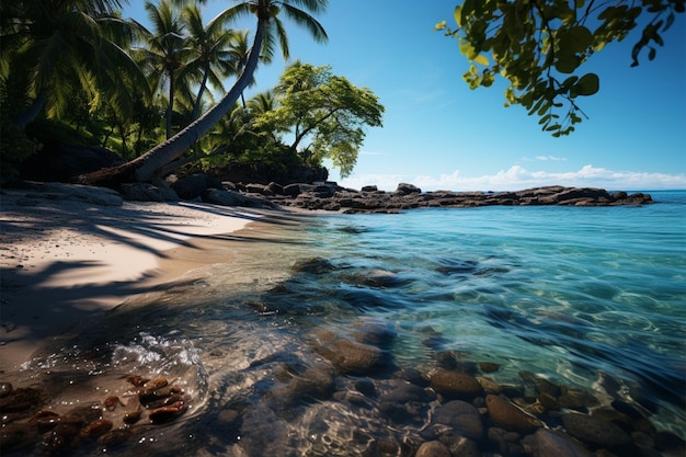 Costa tropical Praia de areia emoldurada por palmeiras graciosas sob céus azuis