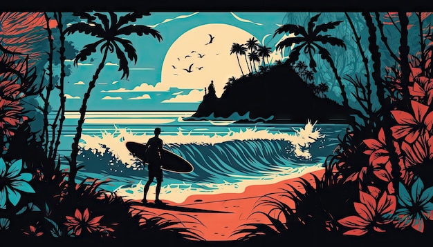 Costa tropical praia e surfista homem silhueta ai gerada paisagem ou cena de pôr-do-sol surf aventura havaí férias viagem fundo com ondas do oceano surfista palmeiras na praia e pôr- do-sol