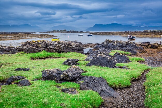 Costa verde e rochosa na Escócia na maré baixa