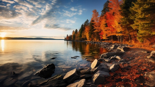 Costas do lago durante o fundo da temporada de outono