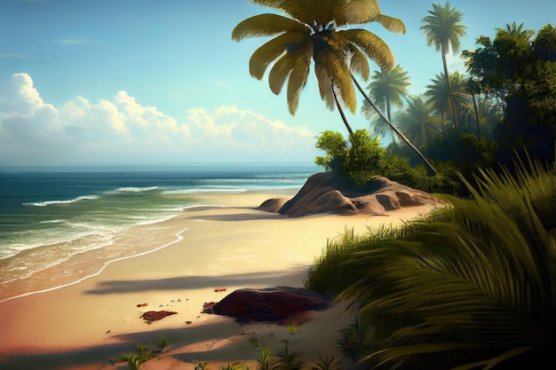 Costas tropicais pitorescas com areia branca Belas praias selvagens Palmeiras Sol Mar Ilustração de IA generativa
