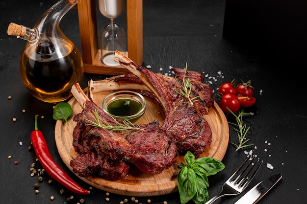 Costelas de carne frita e molho no fundo de madeira