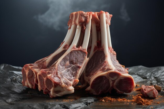 Costelas de cordeiro não cozidas colocadas em uma mesa de pedra sólida prontas para transformação culinária