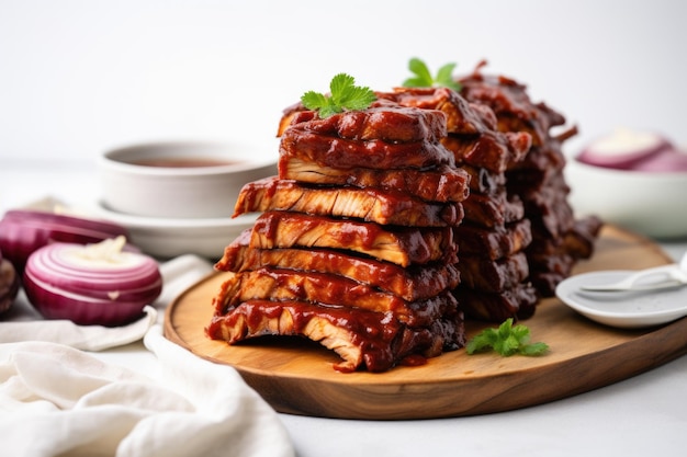 Costelas de tempeh de churrasco empilhadas em uma travessa