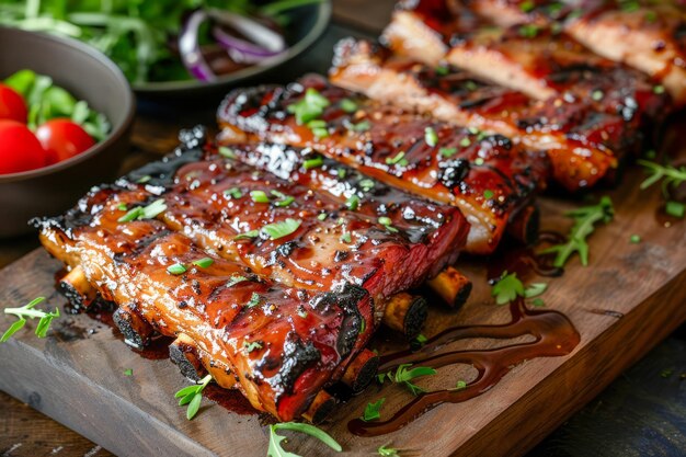 Costelas suculentas de porco grelhadas em molho de churrasco com ervas frescas numa tábua de madeira perfeita