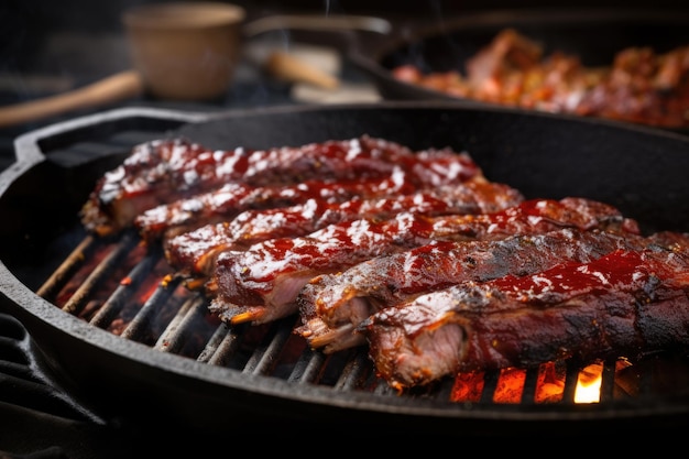 Costelas untadas com molho barbecue em uma frigideira de churrasco