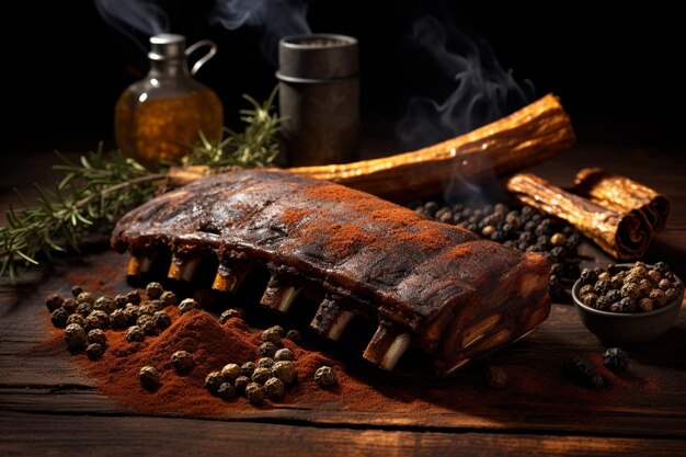 Foto costillas ahumadas y especias sobre fondo de madera