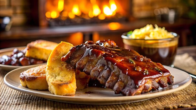 Costillas de barbacoa americanas Un plato de costillas con salsa de barbacoa