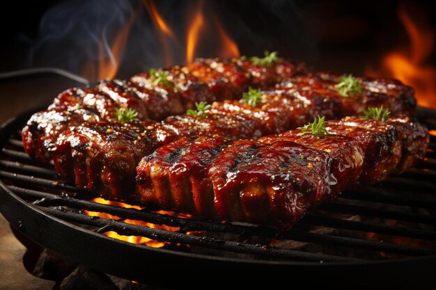 Las costillas de barbacoa ardiendo en la parrilla