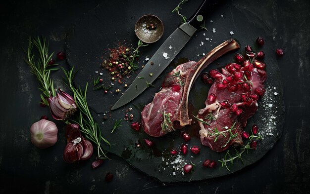 Foto costillas de carne de cordero frescas con hierbas