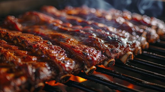 Costillas de carne a la parrilla cocinando filete frito en fuego de aceite Diseño de fondo de pancarta