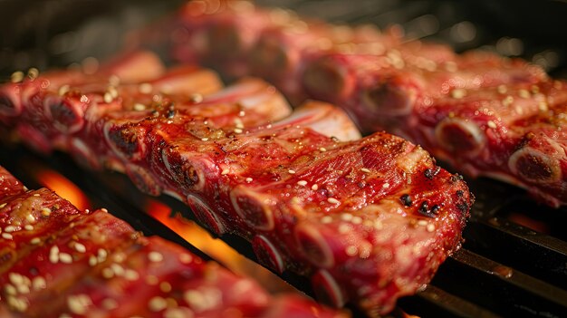 Costillas de carne a la parrilla cocinando filete frito en fuego de aceite Diseño de fondo de pancarta