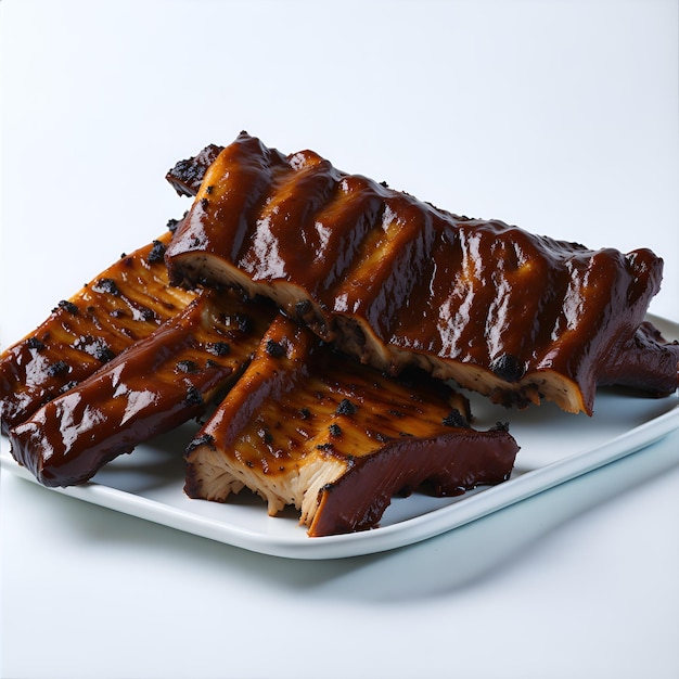 Costillas de cerdo al horno en un plato aislado sobre un fondo blanco.