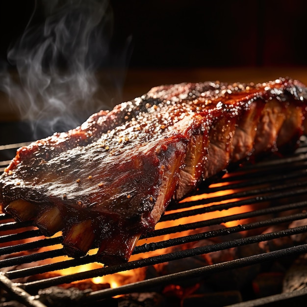 Costillas de cerdo asadas en una parrilla en llamas