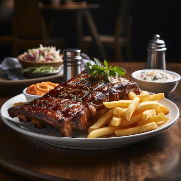 Costillas de cerdo con papas fritas en un plato