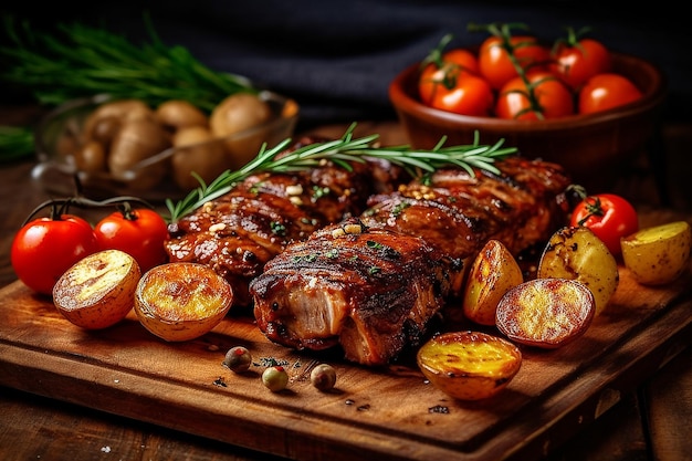 Costillas de cerdo a la parrilla servidas en una mesa de madera AI Generative