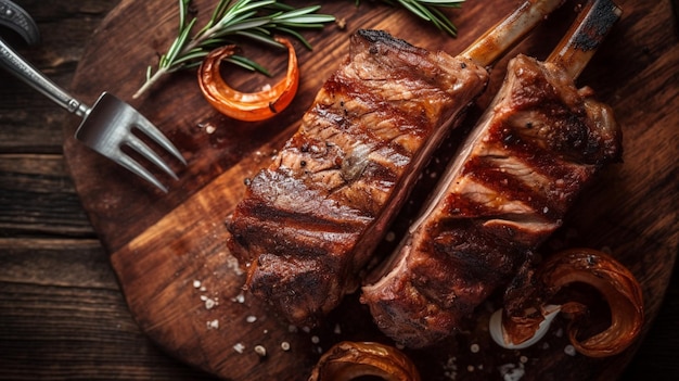 Costillas de cerdo a la parrilla en un tenedor