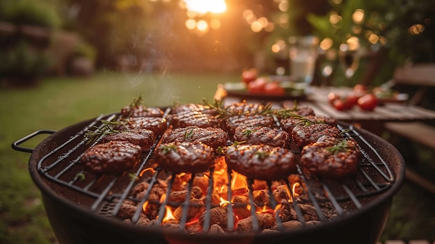 Costillas de cerdo picantes, verduras variadas y muslos de pollo asados en una barbacoa portátil al aire libre en una pradera primaveral con dientes de león en formato panorámico