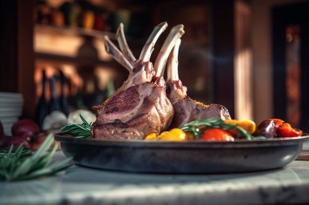 Costillas de cordero a la parrilla en la tabla de cortar de madera con especias y condimentos generados por IA