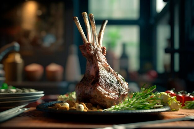 Costillas de cordero a la parrilla en la tabla de cortar de madera con especias y condimentos generados por IA