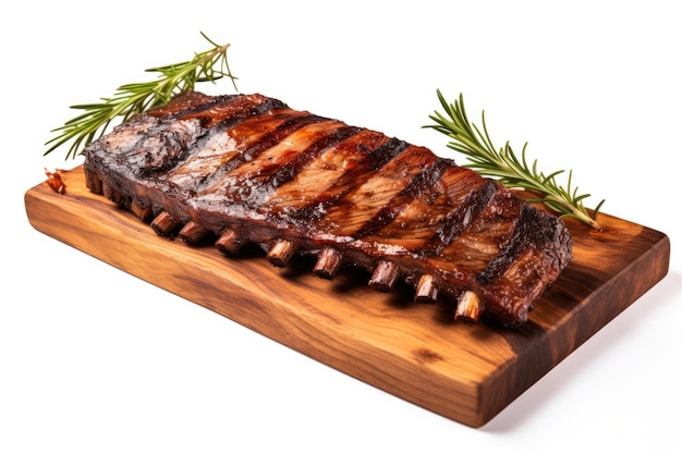 Costillas a la parrilla y barbacoa en tabla de cortar de madera sobre fondo blanco.