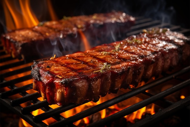 Costillas a la parrilla de cerca en una barbacoa chisporroteante y deliciosa