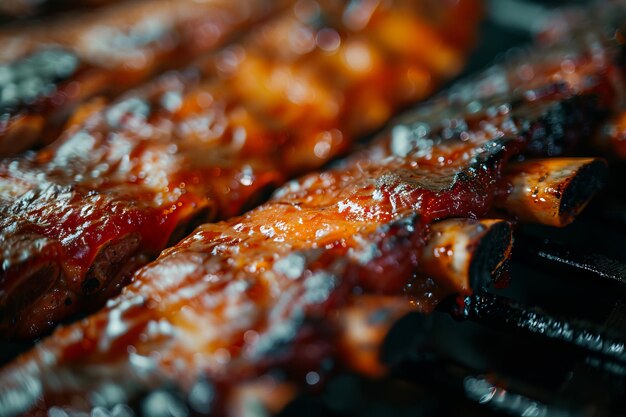 Foto costillas en la parrilla costillas en una parrilla con humo y llamas