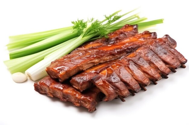 Costillas de tempeh a la barbacoa adornadas con cebolletas sobre fondo blanco liso