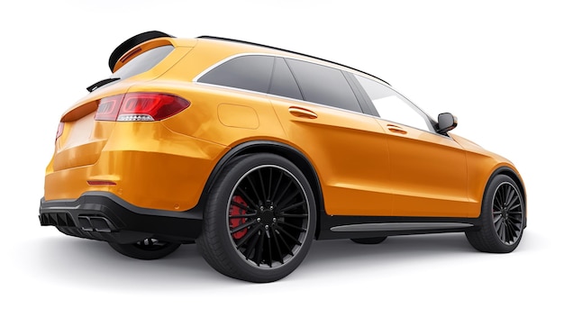 Un costoso automóvil deportivo ultrarrápido SUV para una conducción emocionante en la ciudad en la carretera y en la pista de carreras Modelo 3D de un automóvil naranja sobre un fondo blanco aislado Representación 3d