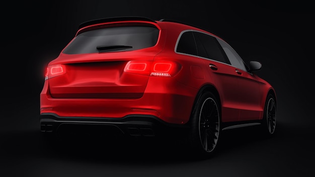Un costoso automóvil deportivo ultrarrápido SUV para una conducción emocionante en la ciudad en la carretera y en la pista de carreras Modelo 3D de un automóvil rojo sobre un fondo negro aislado Representación 3d